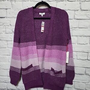 Freshman XS Berry Strip Soft Cardi Sweater Purple Pink Ombre Waffle Knit Pockets